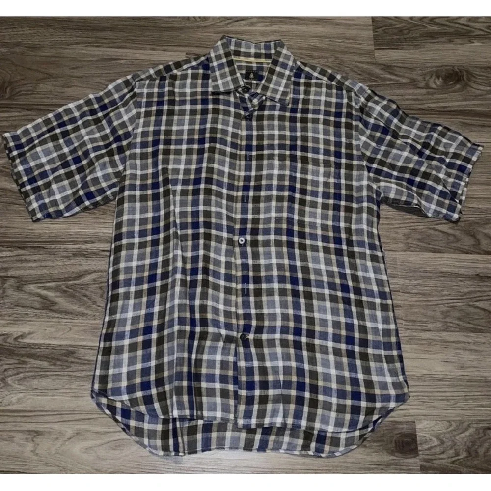 Robert Talbott Shirt Mens L Blue Plaid Linen Short Sleeve Button Up Casual - Picture 1 of 8